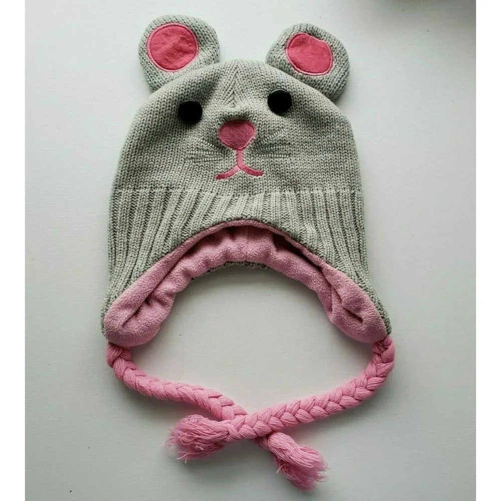 Girls Gray PInk Mouse Winter Hat Tassel